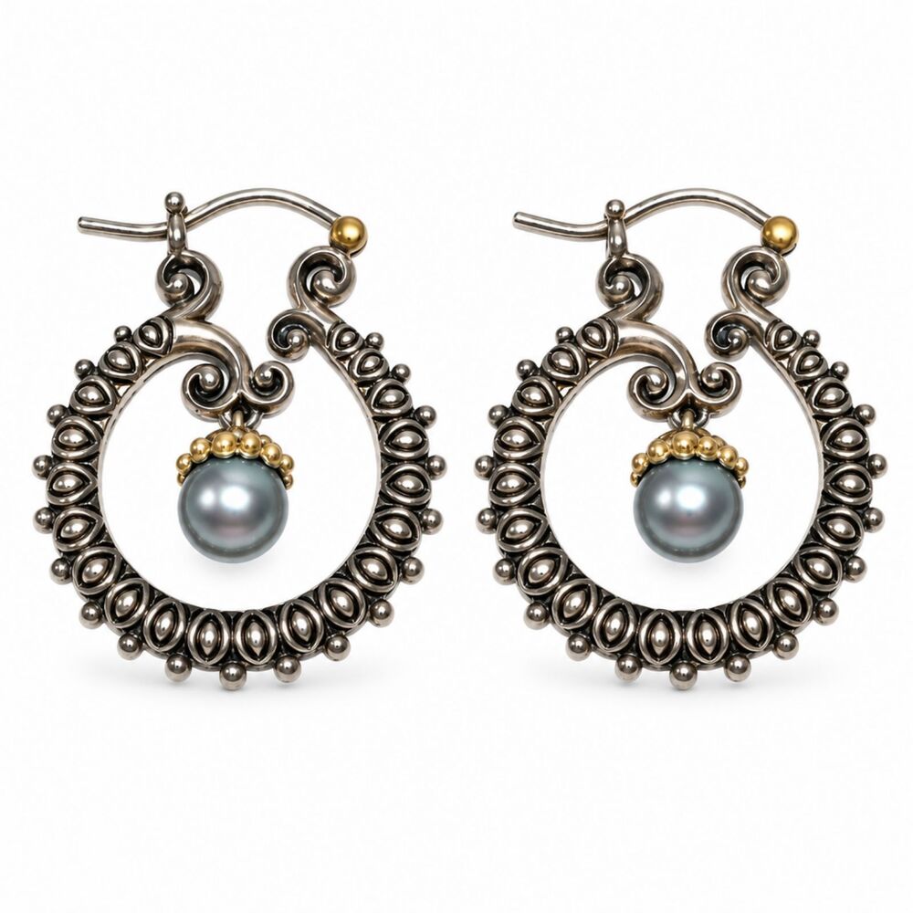 Barbara Bixby 925 Sterling Silver 18K Gold Pearl Dangle Earrings Box Pouch